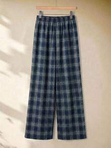 Rusticease 女士格子抽绳腰带休闲百搭阔腿裤，适合日常穿着 - 藏蓝色 - 查看 2