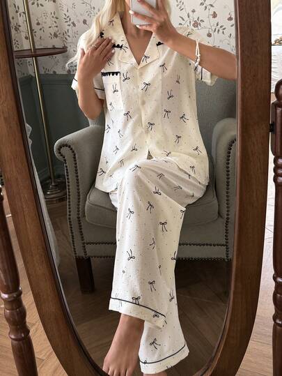 CottageSlumber Fresh Polka Dot Bow Collar Women Pajama Set