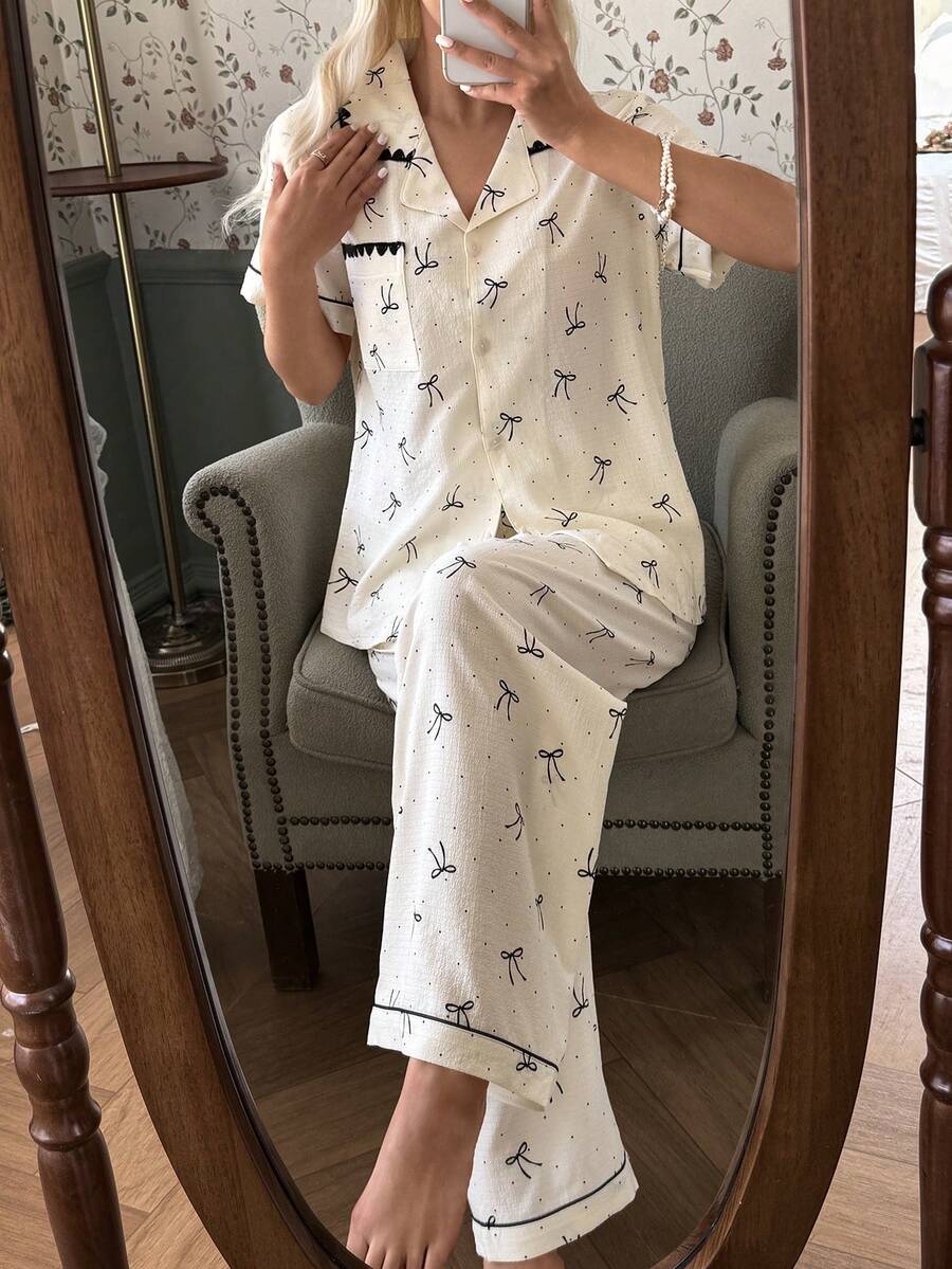 CottageSlumber Fresh Polka Dot Bow Collar Women Pajama Set - Multicolor - View 1