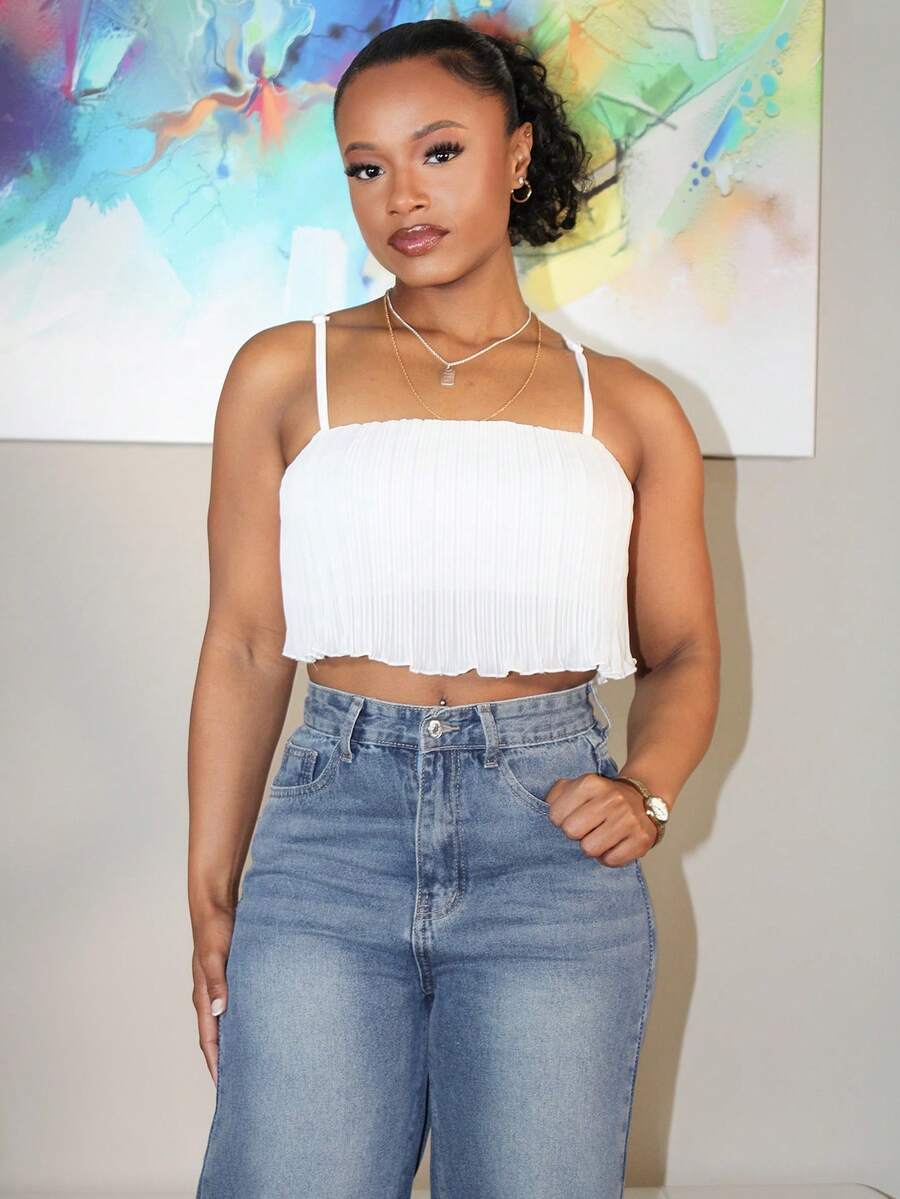 Steph T 素色百褶吊帶上衣 - 白色 - 查看 1