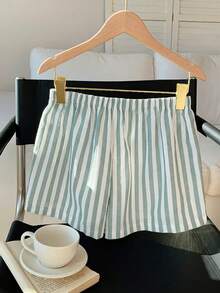 Comfortcana Mint Green Front Tie Pocket Striped Casual Shorts, Suitable For Daily Casual And Holiday Wear Summer Shorts Soft Shorts Striped Shorts Pajama Shorts Cute Shorts - Mint Green - View 2