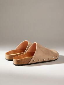 Solecia Damen Vintage-Stil Mode mit Nieten Details, bequem, vielseitig, hochwertige Anmutung, Samt, Oberbekleidung, flache Sohle, Mule Pantoffeln. - Grau - Übersicht 4
