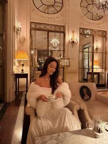 FLORETTA ÉLENA 优雅女士蓬松披肩，冬季节日派对服装 - 白色 - 查看 5