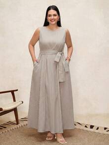 Chikora 大码女士亚麻条纹圆领腰部蝴蝶结口袋无袖宽松休闲连衣裙，适合各种场合，休闲、通勤、旅行、商务休闲女装 - 咖啡棕 - 查看 6