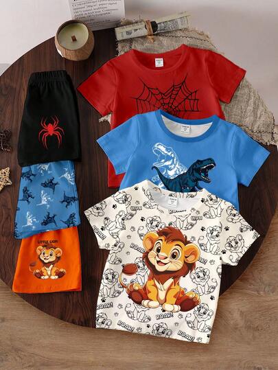 6件套幼儿男童休闲时尚创意可爱卡通狮爪、恐龙、蜘蛛网印花字母图案短袖T恤和短裤套装，舒适日常穿着，温暖夏日风格，适合春夏季节