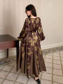DAZY Tie Dye Print Patchwork Satin Lantern Sleeve Cinched Waist Long Women Nightgown - Brown - View 2