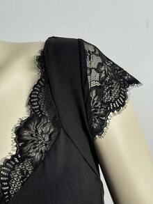 EgrlEra Áo thun nữ cổ chữ V phối ren kiểu Y2K gợi cảm dành cho nữ - màu đen - Xem 4