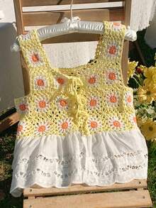 Comfortcana Multi-Color Crochet Floral Patchwork Ruffle Hem Front Tie Knit Vest - Multicolor - View 6