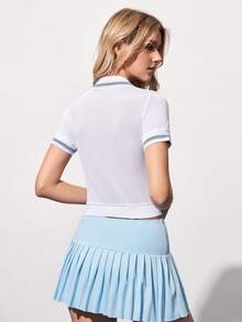 Gameset SHEIN Sport Women's Casual Striped Patchwork Short Sleeve Sports Polo Shirt, Summer - White - View 2