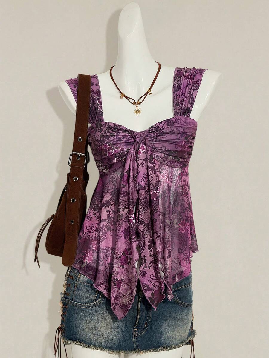 SHEIN ICON Vintage Print Asymmetrical Hem Mesh Trim Women Tank Top,Summer Top - Purple - View 1
