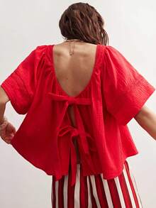 Bohemela Women's Casual Solid Color Loose Woven Shirt - Red - View 6