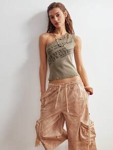 Bohemela 女士休闲春夏度假针织字母印花单肩上衣，适合度假、夏季外出、海滩度假等场合。 - 綠色 - 查看 7