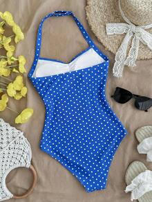 SHEIN Áo tắm liền thân cổ yếm họa tiết chấm bi và bướm dành cho thiếu nữ, thích hợp cho kỳ nghỉ hè ở bãi biển. - Xanh và trắng - Xem 3