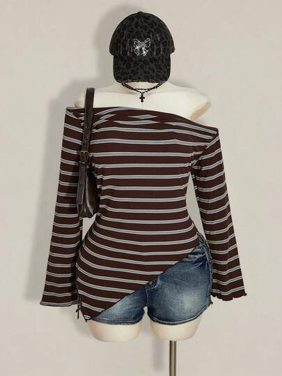 SHEIN ICON Women's Plus Size Black Slim Fit Oblique Shoulder Flare Sleeve T-Shirt, Autumn/Winter