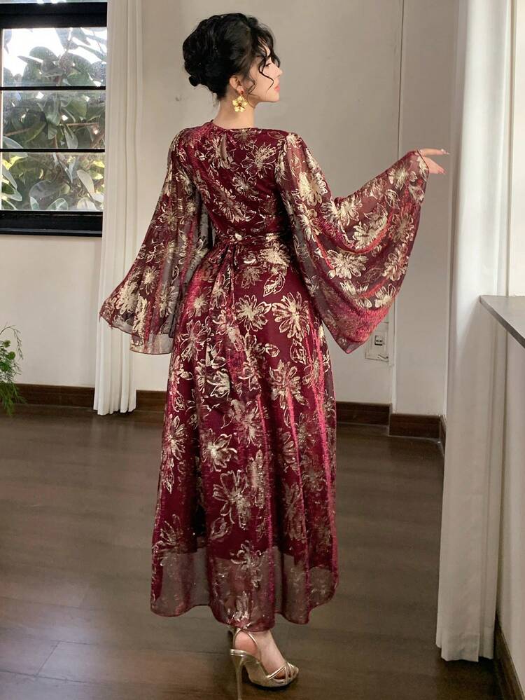 Women's Elegant Floral Print Round Neck Flare Sleeve Belted Mid-Length Dress, Spring/Summer,Wedding Guest Dress Women Sundress