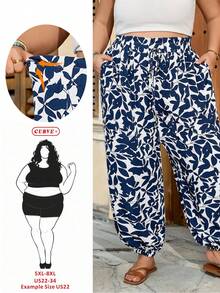 SHEIN CURVE+ Curve 尺码 US22 音乐节、海滨度假、波西米亚风女士蓝色耳朵装饰弹力腰蝴蝶结高腰显瘦裤，印花休闲度假优雅街头度假裤 - 藍白色 - 查看 6