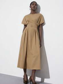 Aveloria Modichic 极简主义缝线驼色连衣裙，宽松蝙蝠袖，腰带，高腰褶裥设计，喇叭裙摆，涤纶混纺面料，柔软垂坠，适合工作场所、商务会议、下午约会、都市休闲和艺术展览，展现实用舒适与知性优雅。 - 卡其色 - 查看 4