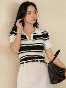 Dazy-Less Women's Striped Black & White Contrast Color Polo Collar Fitted Short Sleeve Sweater, Lightweight For Spring And Summer - Black and White - View 6
