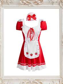 Fantasy Costume 情人节梦幻服装/两件套 红粉蝴蝶结连衣裙配草莓帽，女士性感内衣套装 - 紅白色 - 查看 6
