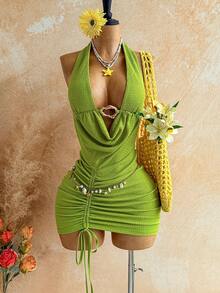 Soleia Women's Fluorescent Green Metal Linked Plunging Neck Sexy Mini Dress,Summer Dresses For Women - Green - View 6