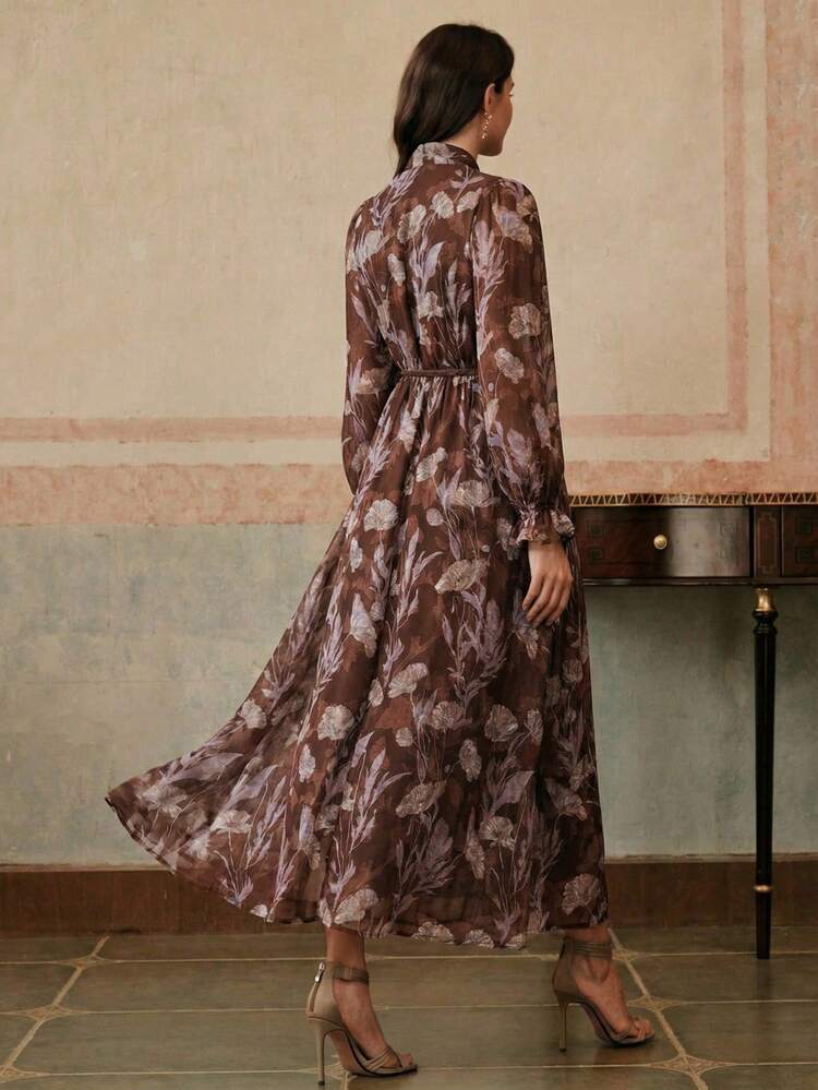 Elegant Vintage Fashion Elegant Vintage Ruffled Waist Elastic Waist High Tolerance French Purple Laser Cut Digital Print Dress For Women