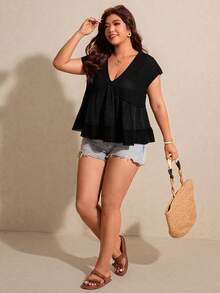 SHEIN Elaquor 大码女式V领蝙蝠袖宽松休闲衬衫 - 黑色 - 查看 1