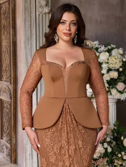 Aureia Plus Size Elegant Romantic Lace Patchwork Elastic Satin Sweetheart Collar Ruched Sheer Sleeve Fitted Fishtail Hem Dress, Suitable For Evening Party, Date, Ball, Holiday, Wedding, Gala, Music Festival (Intricate Design) Curve Formal Evening Gown Brown Wedding Guest Dress Brown Sexy Dress