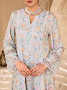 Yasmyna Romantic Floral Lace Patchwork Loose Fashionable Dress For Women - Mint Green - View 2