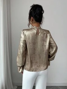 Elenzga 女士优雅通勤金色花朵蕾丝圆领荷叶边珍珠纽扣装饰喇叭袖长袖修身衬衫，春秋 - 金色 - 查看 2