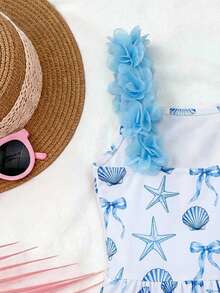 Emery Rose Kids Emery Rose Kids Young Girl Striped Bow & 3D Flower One-Piece Swimsuit - Baby Blue - View 7