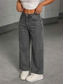 SHEIN PETITE 女士带口袋阔腿宽松休闲百搭牛仔裤 - 灰色 - 查看 3