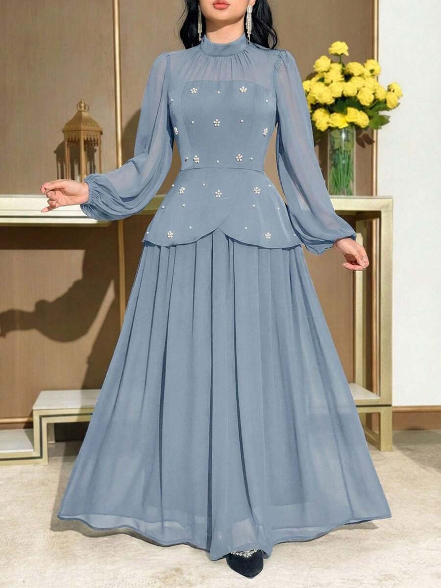 Modelyn 女士串珠花卉装饰立领灯笼袖优雅连衣裙
