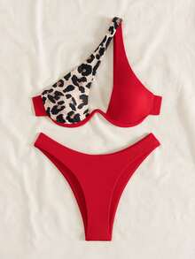 Swim Vcay 豹纹拼接吊带泳衣（随机印花），带钢圈 - 紅色 - 查看 5