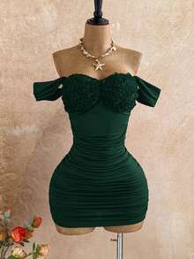 Soleia Women's 3D Floral Decor Off Shoulder Ruched Fitted Mini Dress,Summer Dress,Vacation Dress - Green - View 5