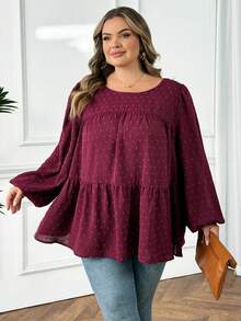 SHEIN CURVE+ CURVE PLUS /Ngày Valentine/Áo kiểu nữ cỡ lớn dáng rộng tay phồng xếp ly màu đỏ tía, trang phục mùa thu, trang phục mùa đông, áo kiểu boho, áo dài tay cỡ lớn cho nữ, trang phục năm mới/2026/Năm mới - Màu Đỏ Sâu - Xem 6