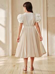 Anewsta Spring/Summer Sweet School Style Embroidered Pleated Girls' Jumper Dress - Apricot - View 2