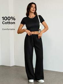 SHEIN Tall Quần ống rộng dáng suông, màu trơn, thắt eo, chất liệu 100% cotton, thích hợp mặc thường ngày, dành cho nữ. - màu đen - Xem 6