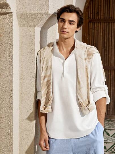 Mercer Haus GLESTORE Men's Vintage Old Money Style Solid Color Rolled-Sleeve Stand Collar Half-Button-Down Shirt - Lightweight Breathable Henley Shirt Men's Shirt Washed Cotton All-Season Versatile Casual Style