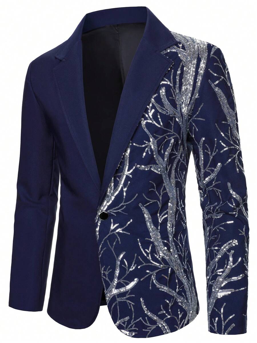 Manfinity AFTRDRK Men's Fashion Sequin Embroidered Single-Breasted Notch Lapel Suit Jacket, Suitable For Christmas Party And Bar - Navy Blue - View 1