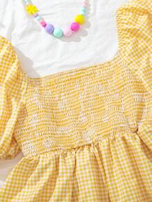 少女休闲格子花瓣袖衬衫，夏季 - 黃色 - 查看 4
