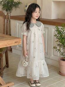 SHEIN Đầm công chúa dáng dài cho bé gái, cổ áo phối màu, thêu hoa và tay áo cánh hoa. - Nhiều màu - Xem 5