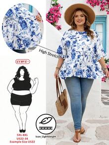 SHEIN CURVE+ Curve 尺码 US22 音乐节、海滨度假、波西米亚风女士春夏时尚休闲宽松舒适日常百搭修身质感面料黄色短袖衬衫，简约风格，可爱曲线上衣，外出上衣，女士衬衫，欧洲夏季，荷叶边上衣，女士早午餐，女士秋季服装，冬季，CURVE PLUS - 藍白色 - 查看 1