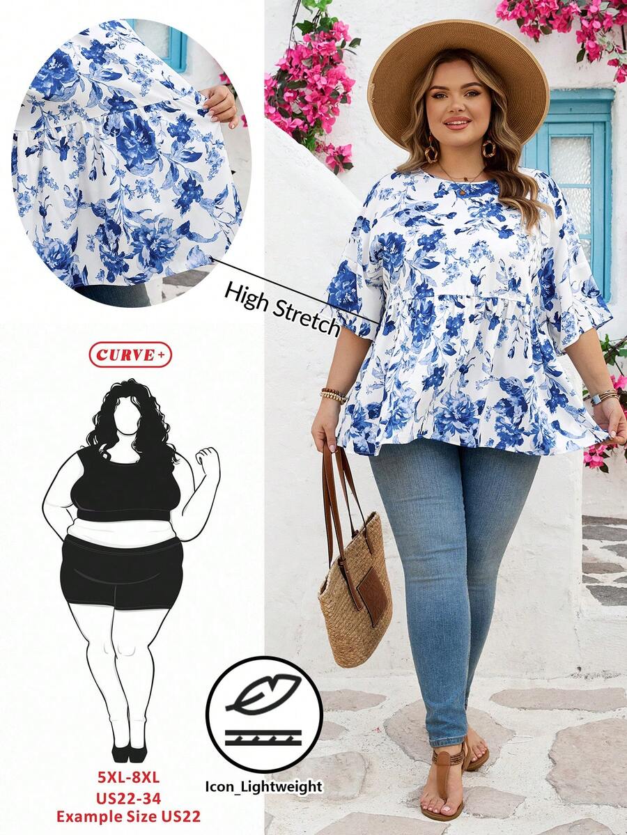 SHEIN CURVE+ Curve 尺码 US22 音乐节、海滨度假、波西米亚风女士春夏时尚休闲宽松舒适日常百搭修身质感面料黄色短袖衬衫，简约风格，可爱曲线上衣，外出上衣，女士衬衫，欧洲夏季，荷叶边上衣，女士早午餐，女士秋季服装，冬季，CURVE PLUS - 藍白色 - 查看 1