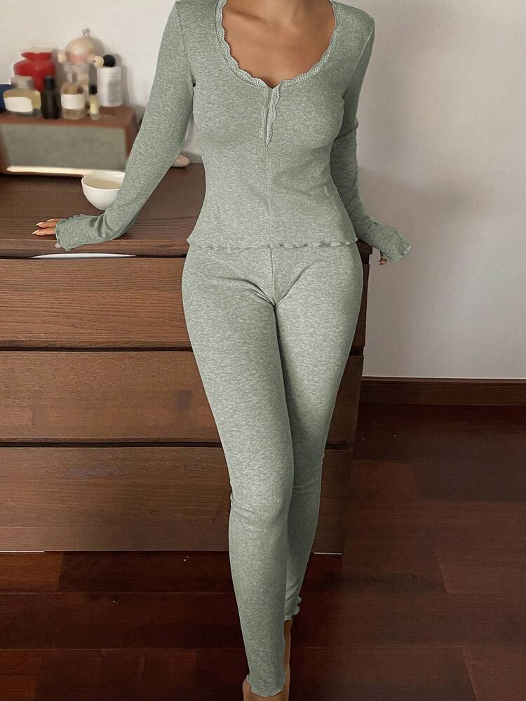 Women's Lace Patchwork Wavy Hem Fitted Base Layer Top And Pants Set, Spring Loungewear