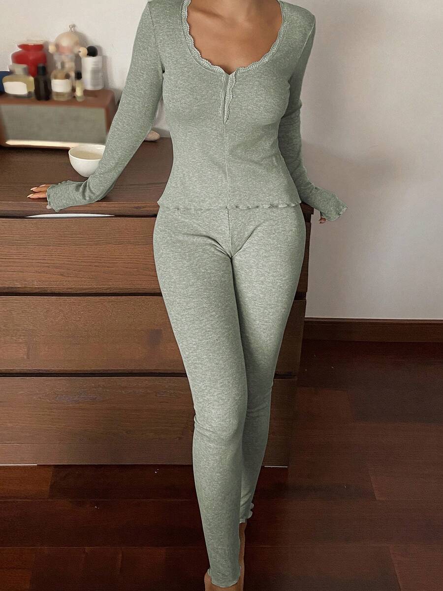 DAZY Women's Lace Patchwork Wavy Hem Fitted Base Layer Top And Pants Set, Spring Loungewear - Green - View 1