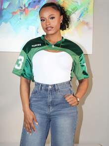 Steph T 女士网眼拼接缎面印花短袖短款绿色上衣 - 綠色 - 查看 1