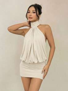 SHEIN PETITE High Neck Halter Backless Mini Dress,Summer Dresses For Women - Apricot - View 6