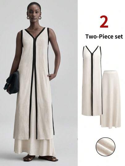 Ontre 2026春夏新款天然亚麻无袖露脐上衣高开衩A字裙套装，舒适棉麻面料，宽松版型，优雅婚礼宾客装扮，简约浪漫法式风格，奢华都市时尚商务休闲办公装，高品质机场及邮轮度假穿搭，四季皆宜的两件套