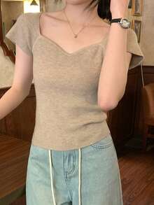 DAZY French Retro Short Sleeve Fitted Chic Cropped Women Knit Top, Summer - Khaki - View 3