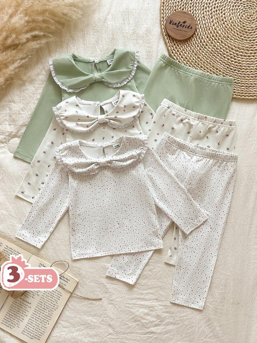 Vintaside Kids 2025春秋季女婴6件套服装,可爱蝴蝶结领花卉装饰圆领长袖上衣和印花休闲裤,3套百搭套装 - 綠色 - 查看 1